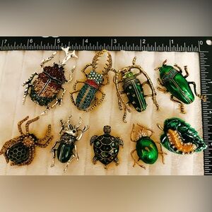 Lot of 9 Vintage Style Green Gold Tone Insect Brooches Enamel Rhinestone Beetle